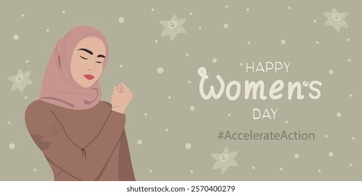Womens day 2025 banner. Woman in hijab showing her biceps. AccelerateAction. Holiday vector illustration