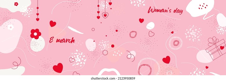 Plantilla de antecedentes del Día de la Mujer 8 de marzo. Fondo abstracto con elementos geométricos y formas para el diseño de tarjetas de felicitación promocional para vacaciones. Banner adorable beige y rosa elegante. Vector.