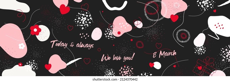 Women's day 8 March background template. Abstract background with geometric elements and shapes for promo greeting card design for holidays. Black and pink elegant cute web banner. Vector.