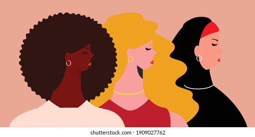 Women's Day 8 March Celebration. International Female Portraits Of Different Cultures And Nationalities. Women's Empowerment Movement And Unity Concept. Flat Design Characters. Vector Illustration.	