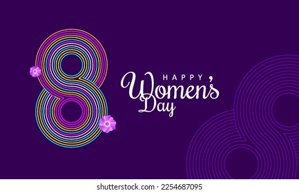 Women's day 8 March with colorful line art background. Template design for banner, backdrop, poster, web page. Vector illustration