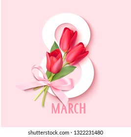 Womens Day 8 March design template. Decorative number eight with pink bow and red tulips. Vector illustration