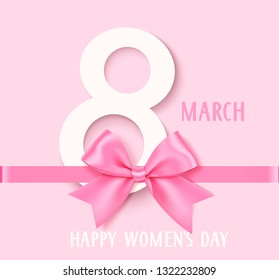 Womens Day 8 March design template. Decorative number eight with pink bow and horizontal ribbon. Vector illustration