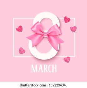 Womens Day 8 March design template. Decorative number eight with pink bow and heart confetti. Vector illustration