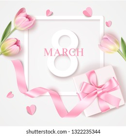 Womens Day 8 March design template. Decorative number eight with gift box and pink tulips. Vector illustration