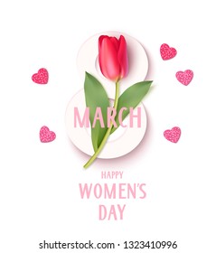 Womens Day 8 March design template. Decorative number eight with red tulips. Vector illustration