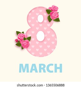 Women's day 8 march design with roses pink flower. Vector design