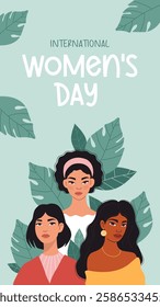 Women's Day 8 March. Diverse Woman Portrait with tropical leaves. International Holiday. Vertical poster. Vector illustration. Celebration and feminism concept