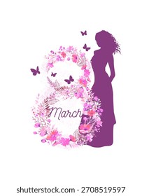 Elemento de marcha del día 8 de la mujer. Silueta de una chica hermosa. Mujer celebración internacional Vector Plantilla dibujado a mano. IA no, Ilustración vectorial.