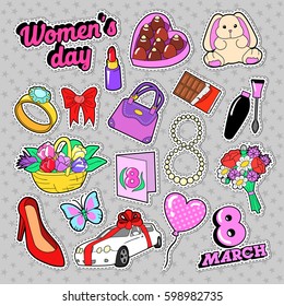 Womens Day 8 March Elements Set with Flowers and Cosmetics for Stickers, Badges, Patches. Vector doodle