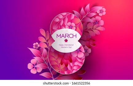 Womens day 8 March greating card. Purple and blue abstract background with flowers and plant. Spring, nature, overcast. Vector paper cut style illustration paper.