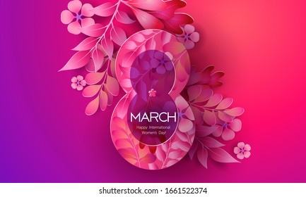 Womens day 8 March greating card. Purple and red abstract background with flowers and plant. Spring, nature, overcast. Vector paper cut style illustration paper.