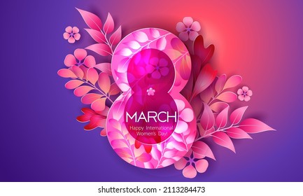 Women's day 8 March greeting card. Purple and red abstract background with flowers and plant. Spring, nature, overcast. Vector paper cut style illustration paper.