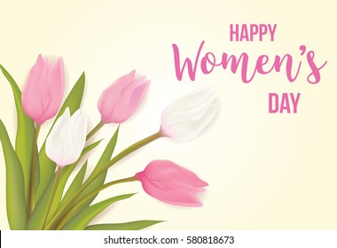 Women's day, 8 march greeting card with tulip flowers. With typography greeting message. Vector illustration.