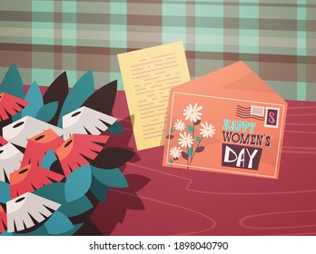 womens day 8 march holiday celebration concept letter envelope flowers on wooden desk top angle view horizontal vector illustration