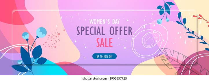 Womens Day 8 March Holiday Celebration Vibrant Sale Banner Flyer Or Greeting Card With Decorative Leaves And Hand Drawn Textures Horizontal Vector Illustration