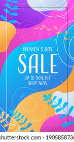 womens day 8 march holiday celebration vibrant sale banner flyer or greeting card with decorative leaves and hand drawn textures vertical vector illustration