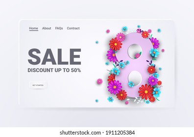 womens day 8 march holiday special offer shopping sale banner flyer or greeting card with flowers on number eight horizontal vector illustration