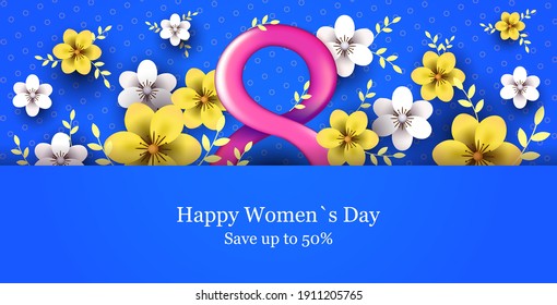 womens day 8 march holiday celebration concept sale banner greeting card poster or flyer with flowers horizontal vector illustration