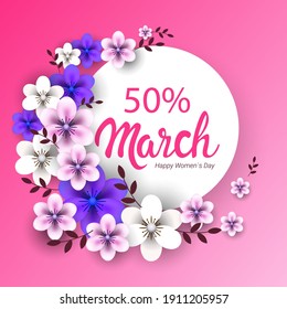 womens day 8 march holiday celebration concept sale banner greeting card poster or flyer with flowers vector illustration