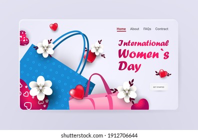 womens day 8 march holiday celebration sale banner flyer or greeting card with flowers hearts and shopping bags horizontal vector illustration