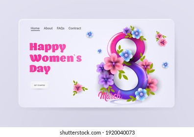 womens day 8 march holiday celebration banner flyer or greeting card with flowers in number eight shape horizontal vector illustration