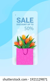 womens day 8 march holiday celebration sale banner flyer or greeting card with flower bouquet in shopping bag vertical vector illustration