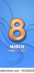 womens day 8 march holiday celebration banner flyer or greeting card with golden number eight vertical vector illustration
