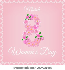 Women's Day 8 March holiday cards with number eight with lace decorative flowers on a pink background Template for Internet advertising social networks and fashion advertising Poster flyer postcard