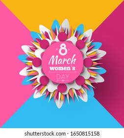 Womens day, 8 March, international holiday, spring greeting card, square and bright postcard decorated by flower origami, poster with blossom vector