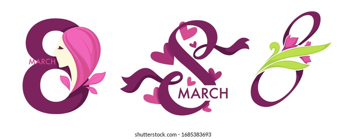 Womens day, 8 March isolated vector icons with flowers and hearts, petals and tulips or peonies. Spring international holiday, greeting and ribbon. Congratulation and wishes, date number on emblem