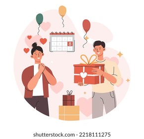 Womens day 8 march. Man gives present to his sister, girlfriend or wife. Young guy with gift box, surprise. Design for greeting card. Poster or banner for website. Cartoon flat vector illustration