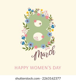 Marcha del Día 8 de la Mujer. Postcard, banner, concepto de invitación. Ocho con hermosas flores primaverales.