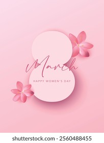 Women's Day 8 March poster with paper cut and realistic flowers. International Women's Day for greeting card, social media posts, voucher, coupon, background, banner, flyer, brochure, promotion