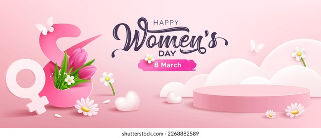 Women's day 8 march, presentation podium and heart, white flowers, butterfly, concept design banner, pink background, EPS10 Vector illustration.
