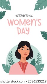 Women's Day 8 March. Pretty Woman Portrait with leaves on white background. International Holiday. Vertical Poster. Vector illustration. Celebration and feminism concept