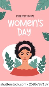 Women's Day 8 March. Pretty Curly Woman Portrait with leaves on pink background. International Holiday. Vertical poster. Vector illustration. Celebration and feminism concept