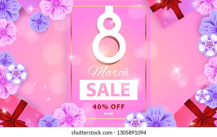 Women's Day. 8 March Sale Flyer. Banner with flowers, gift box and red bow . Gold frame. Newsletter, brochures. Vector illustration design.