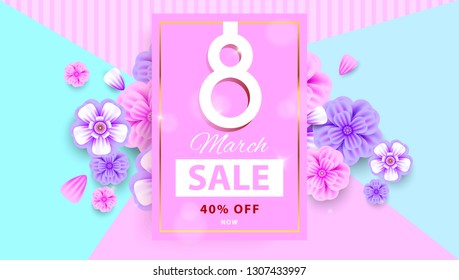 Women's Day. 8 March Sale Flyer. Banner with flowers . Gold frame. Newsletter, brochures. Vector illustration design.