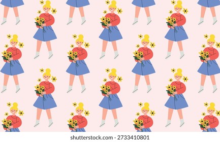 Womens Day 8 March seamless floral pattern with light skinned woman holding bouquet