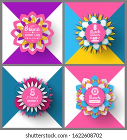 Womens day, 8 March, set of spring greeting card decorated by flowers, pink color of poster with blossom, international holiday, round origami vector