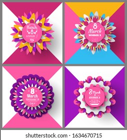 Womens day, 8 March, set of spring greeting card decorated by flowers, pink color of poster with blossom, international holiday, round origami vector