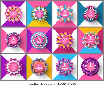 Womens day, 8 March, set of spring greeting card decorated by flowers, pink color of poster with blossom, international holiday, round origami vector