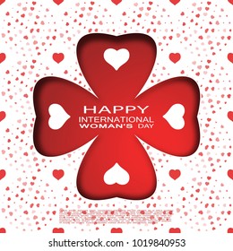 Women's Day - 8 of March vector paper art with cutout in the form of clover leaf on the white background with red heart pattern, white hearts, text and shadow.