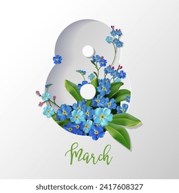 Womens day, 8th march celebration gift. Number and flowers in blossom, spring revival and international appreciation of ladies and rights. Holiday banner or greeting card. Vector in flat style