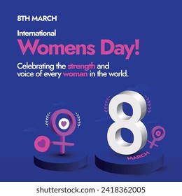 Women's Day. 8th March, International Women's Day Celebration banner in dark purple colour background with 8 number icon and women symbol. Celebrating Women's strength and achievement.