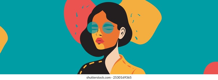 Dia da Mulher. Arte abstrata, retrato de bela mulher em óculos. Ilustração plana vetorial com espaço para texto