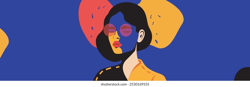 Women's day. Abstract art, portrait of beautiful woman in glasses, bright palette. Vector flat illustration with space for text