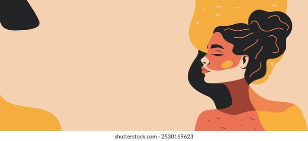 Women's day. Abstract art, portrait of a beautiful woman, beige colors, pastel palette. Vector flat illustration with space for text