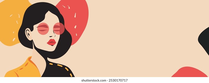 Women's day. Abstract art, portrait of a beautiful woman in glasses, beige colors, pastel palette. Vector flat illustration with space for text